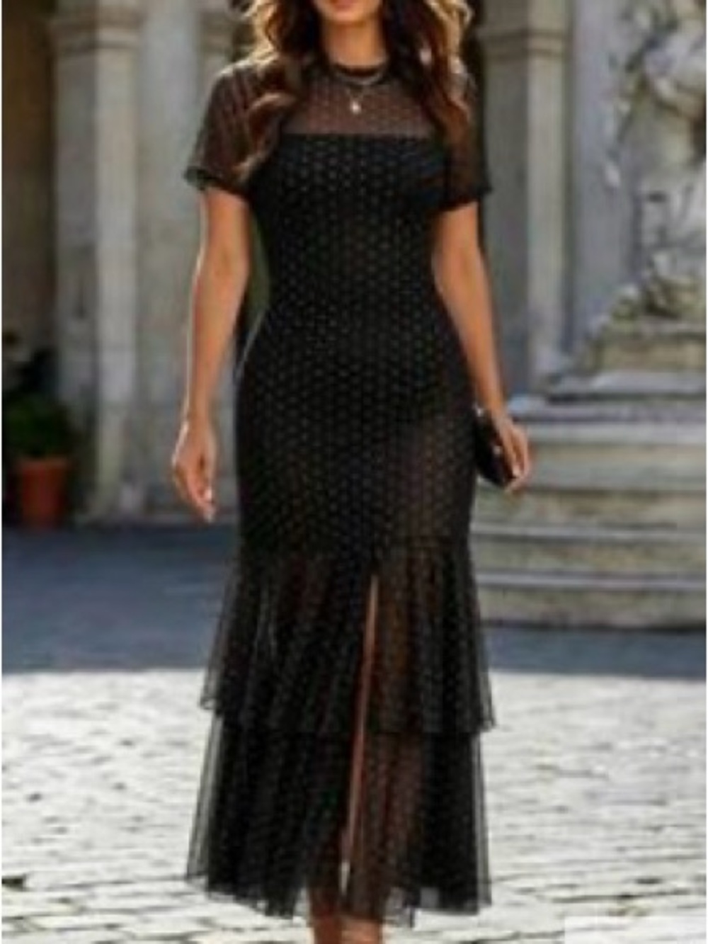 Elegant Black Mesh Polka Dot Maxi dress NWOTS